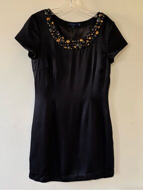 BODEN black silk SHIFT DRESS embellished neckline SHORT SLEEVE size US 6
